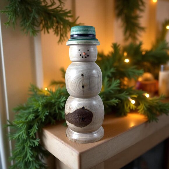 Hand-Turned Ash Wood Snowman, Signed RKU, Lathe Art Holiday Decor Natural Rustic - Picture 2 of 5